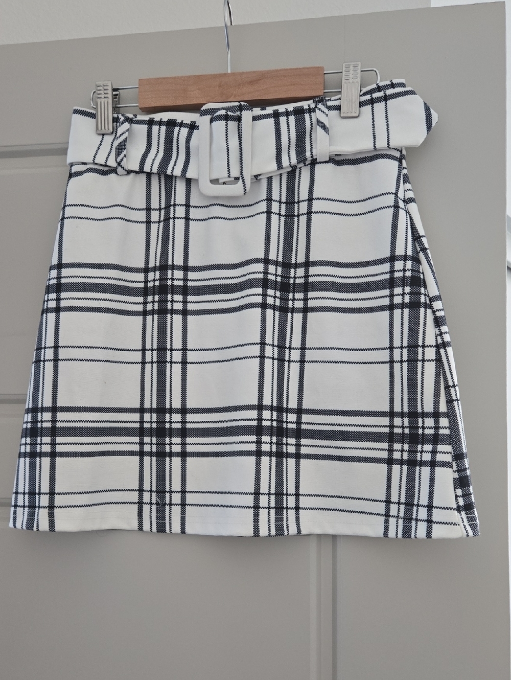 Classic Black & White Plaid Belted Mini Skirt